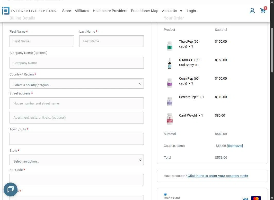 Integrative Peptides checkout page showing Integrative Peptides coupon code box | Screenshot taken by SimplyCodes community member on Jan 26, 2026