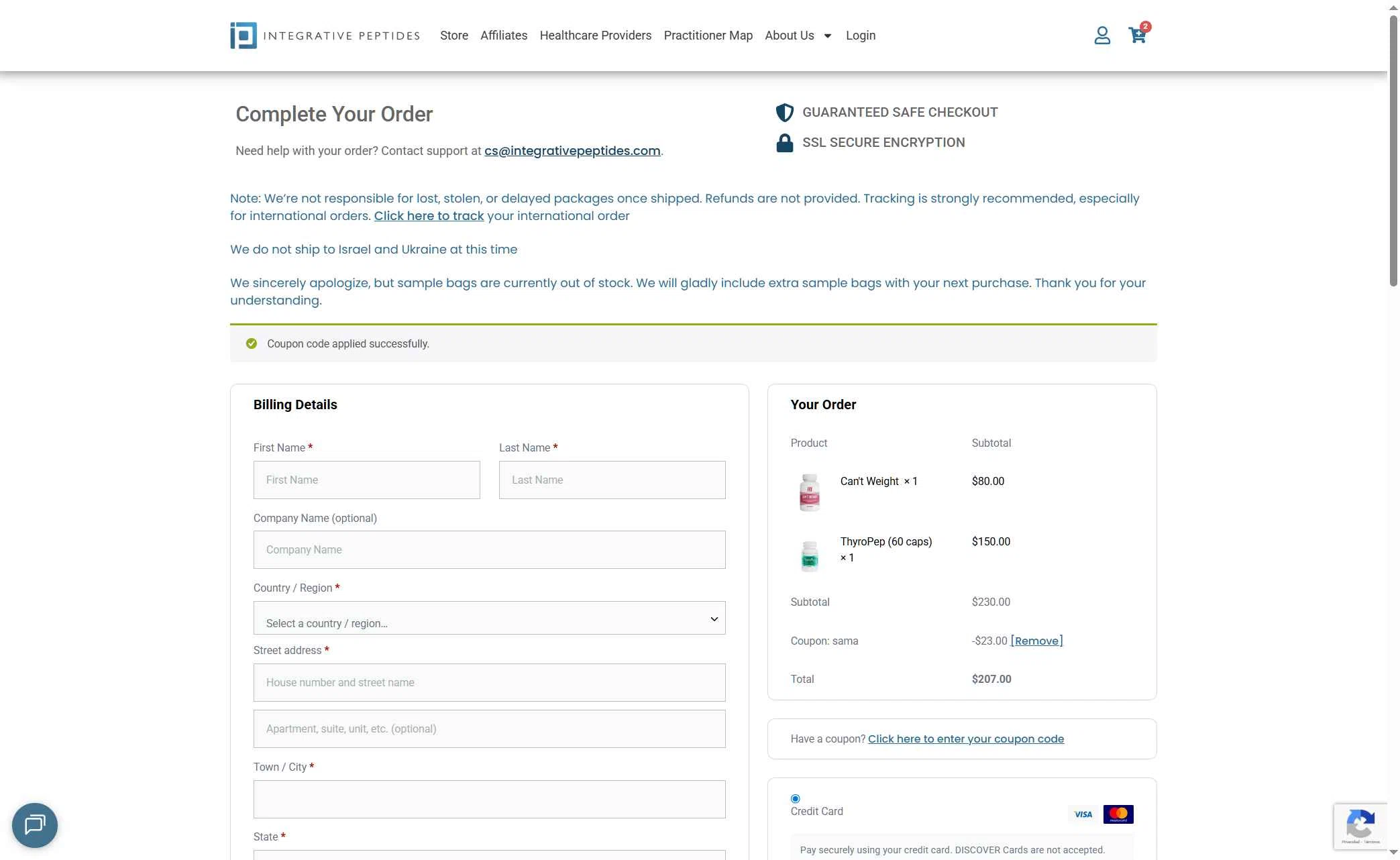 Integrative Peptides checkout page showing Integrative Peptides coupon code box | Screenshot taken by SimplyCodes community member on Jan 25, 2026