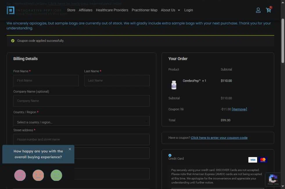 Integrative Peptides checkout page showing Integrative Peptides coupon code box | Screenshot taken by SimplyCodes community member on Jan 21, 2026