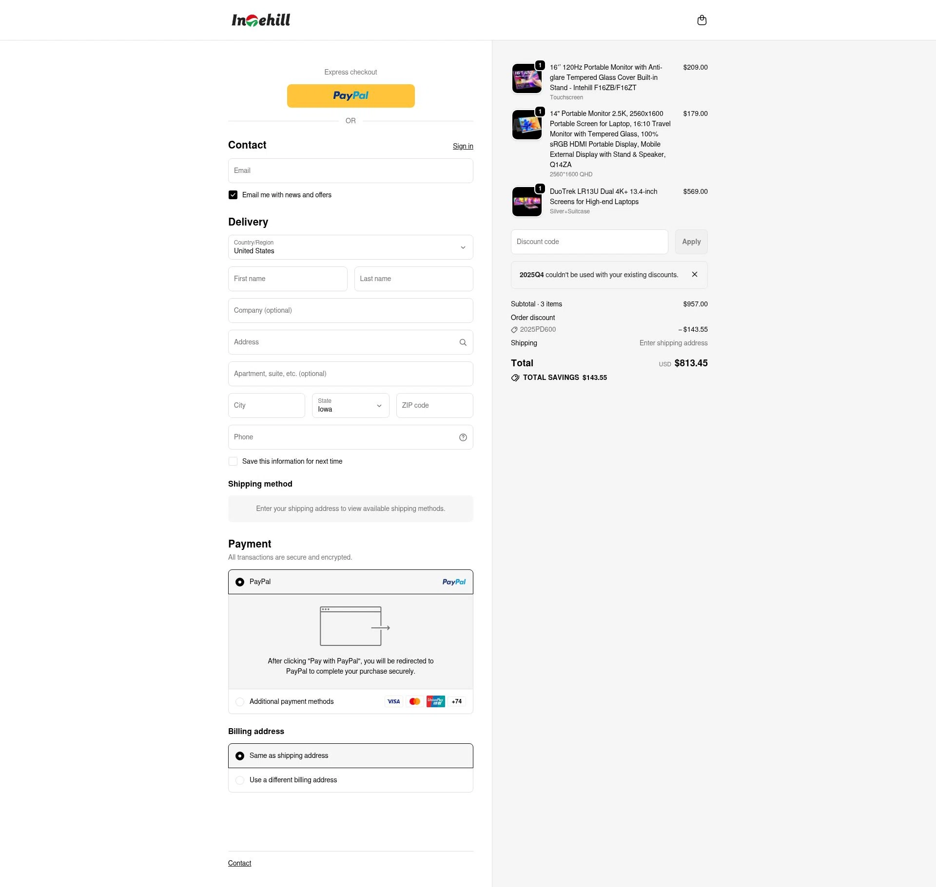 Intehill checkout page showing Intehill promo code box | Screenshot taken by SimplyCodes community member on Dec 29, 2025
