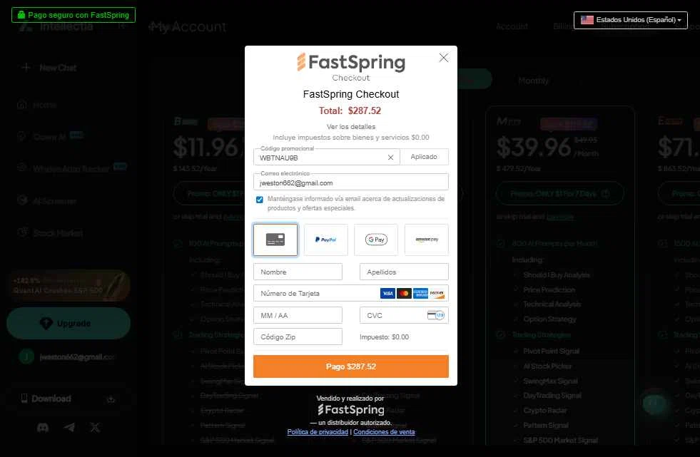 intellectia.AI checkout page showing intellectia.AI promo code box | Screenshot taken by SimplyCodes community member on Nov 8, 2025