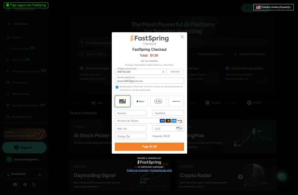 intellectia.AI checkout page showing intellectia.AI promo code box | Screenshot taken by SimplyCodes community member on Dec 7, 2025