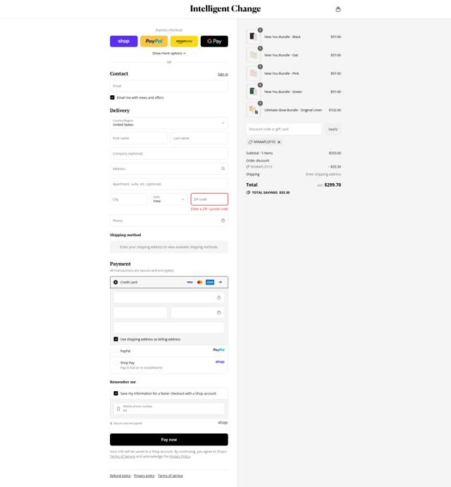 Intelligent Change checkout page showing Intelligent Change discount code box | Screenshot taken by SimplyCodes community member on Sep 15, 2025