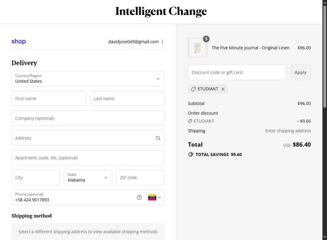 Intelligent Change checkout page showing Intelligent Change discount code box | Screenshot taken by SimplyCodes community member on Sep 16, 2025