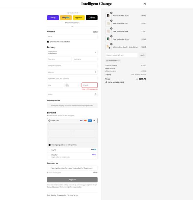 Intelligent Change checkout page showing Intelligent Change discount code box | Screenshot taken by SimplyCodes community member on Sep 15, 2025