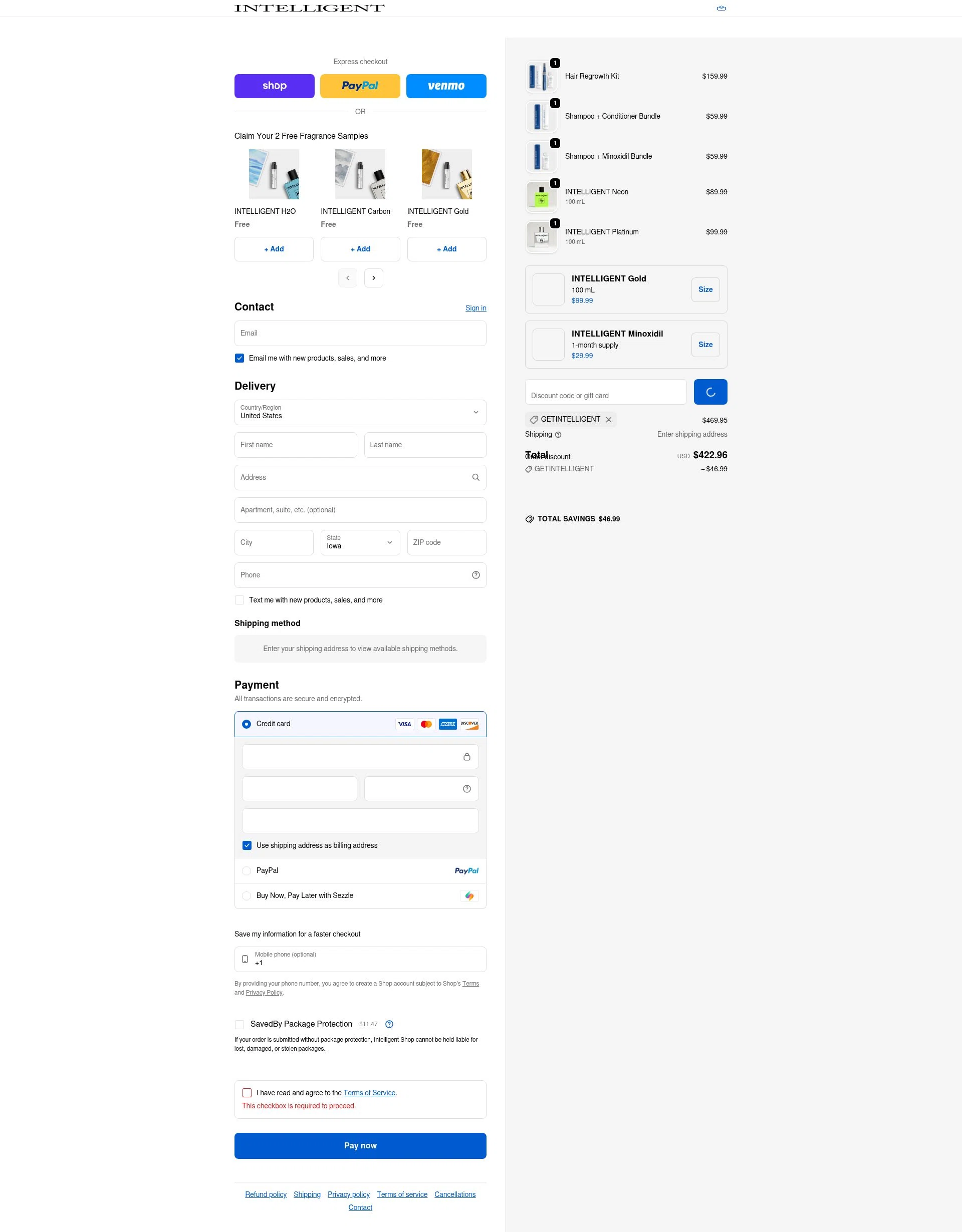 Intelligent Shop checkout page showing Intelligent Shop discount code box | Screenshot taken by SimplyCodes community member on Feb 7, 2026