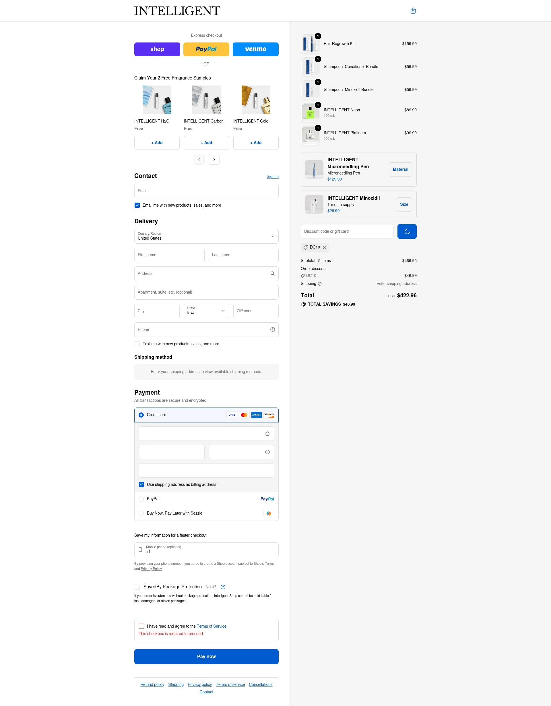 Intelligent Shop checkout page showing Intelligent Shop discount code box | Screenshot taken by SimplyCodes community member on Feb 12, 2026