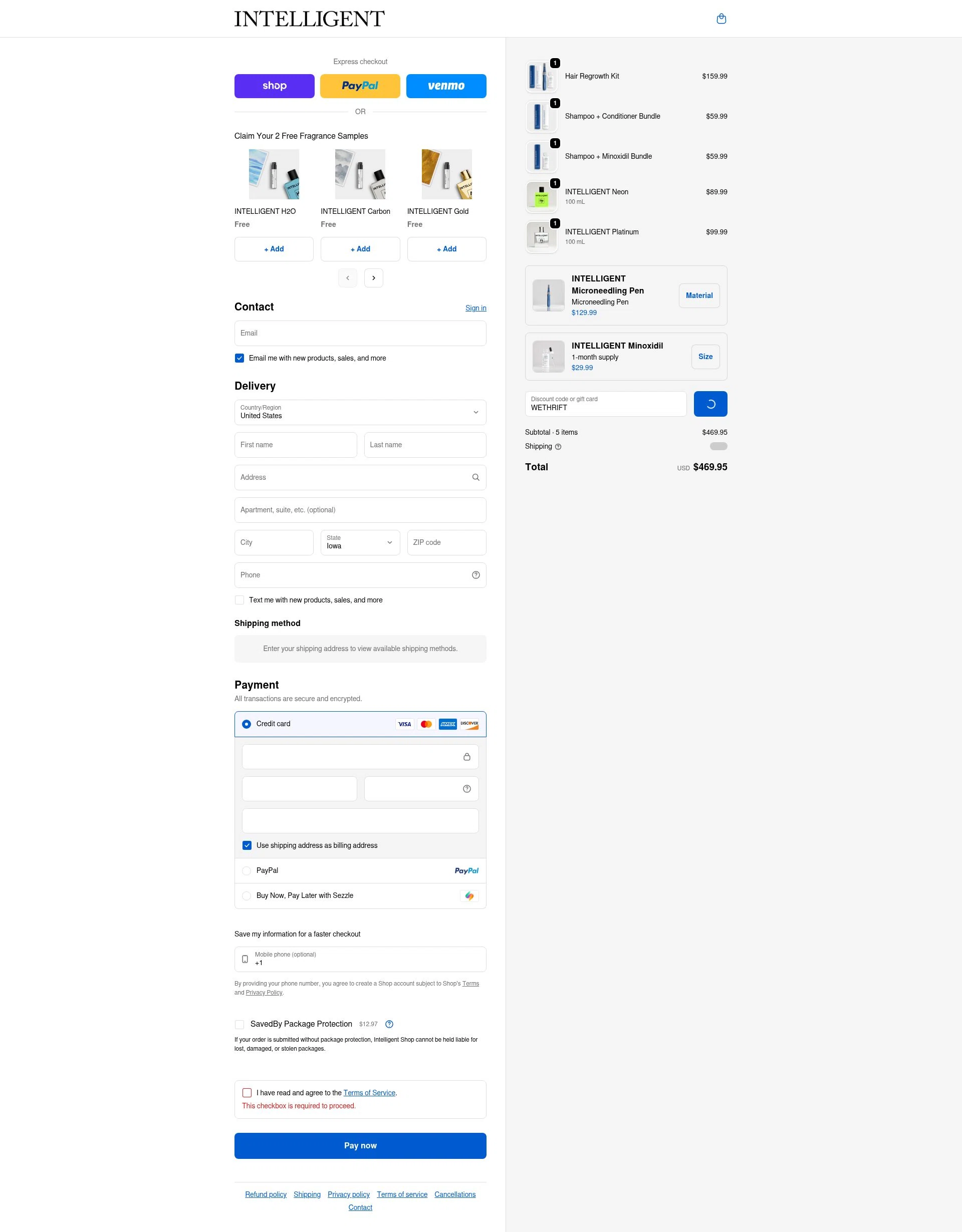 Intelligent Shop checkout page showing Intelligent Shop discount code box | Screenshot taken by SimplyCodes community member on Feb 12, 2026