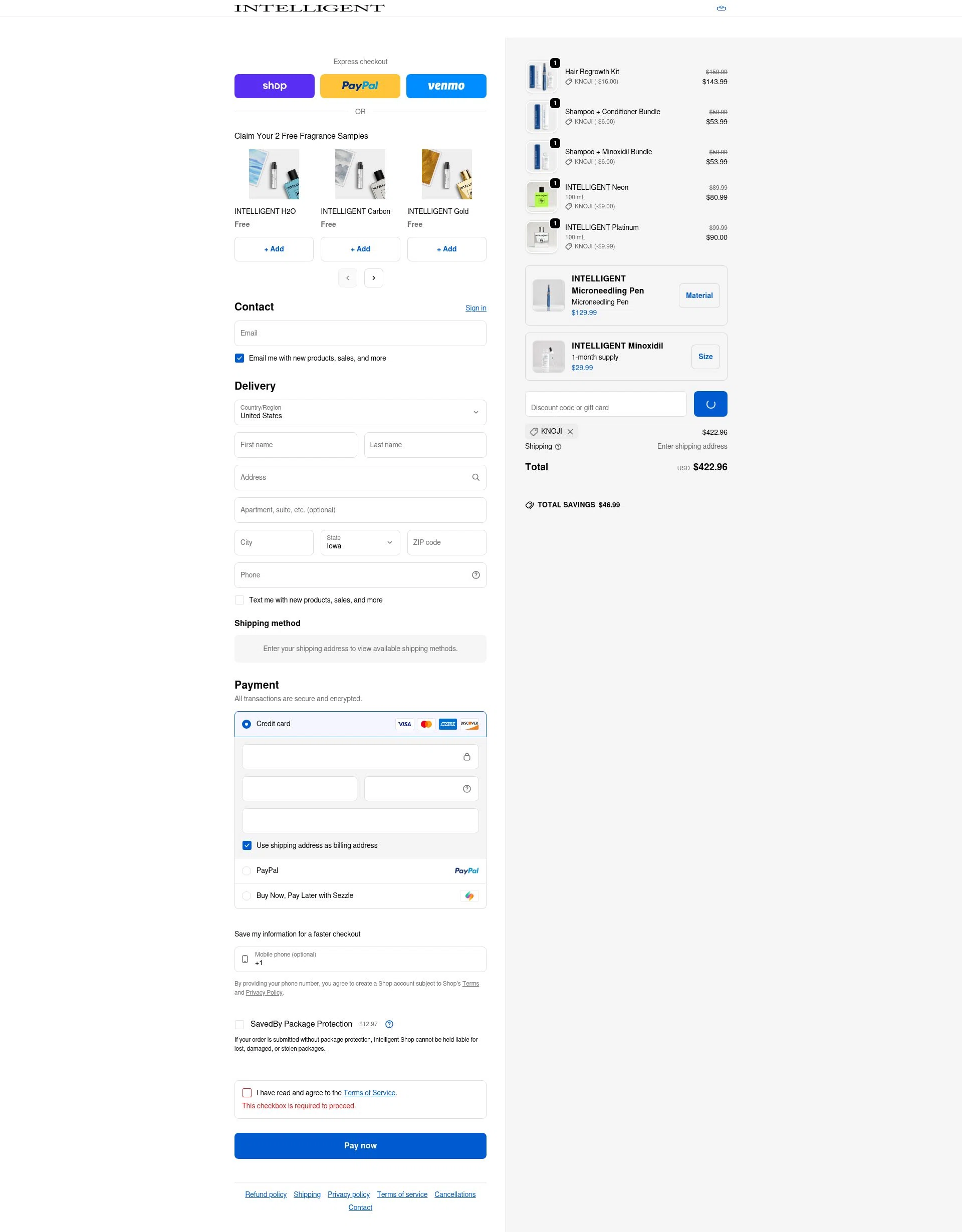 Intelligent Shop checkout page showing Intelligent Shop discount code box | Screenshot taken by SimplyCodes community member on Feb 12, 2026