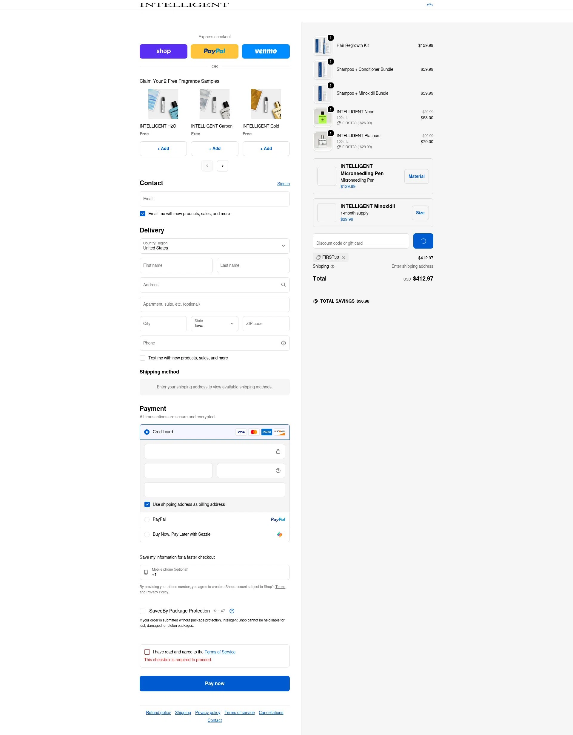 Intelligent Shop checkout page showing Intelligent Shop discount code box | Screenshot taken by SimplyCodes community member on Feb 12, 2026
