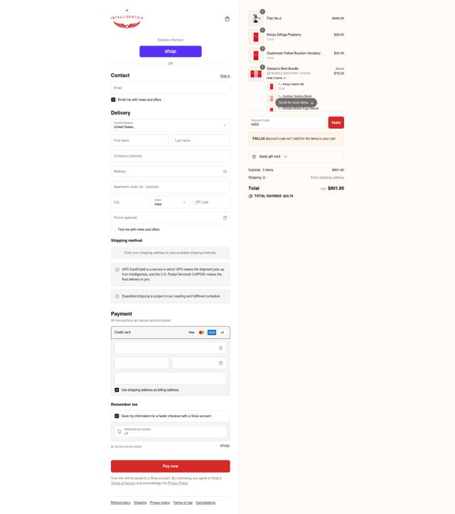 Intelligentsia checkout page showing Intelligentsia coupon code box | Screenshot taken by SimplyCodes community member on Sep 12, 2025