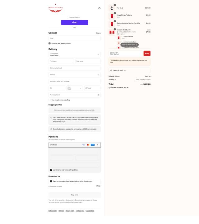 Intelligentsia checkout page showing Intelligentsia coupon code box | Screenshot taken by SimplyCodes community member on Sep 12, 2025