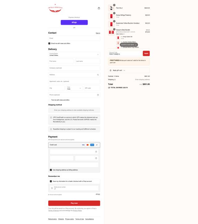 Intelligentsia checkout page showing Intelligentsia coupon code box | Screenshot taken by SimplyCodes community member on Sep 12, 2025