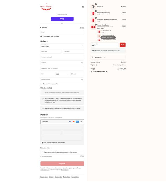 Intelligentsia checkout page showing Intelligentsia coupon code box | Screenshot taken by SimplyCodes community member on Sep 12, 2025
