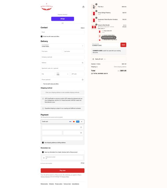Intelligentsia checkout page showing Intelligentsia coupon code box | Screenshot taken by SimplyCodes community member on Sep 12, 2025