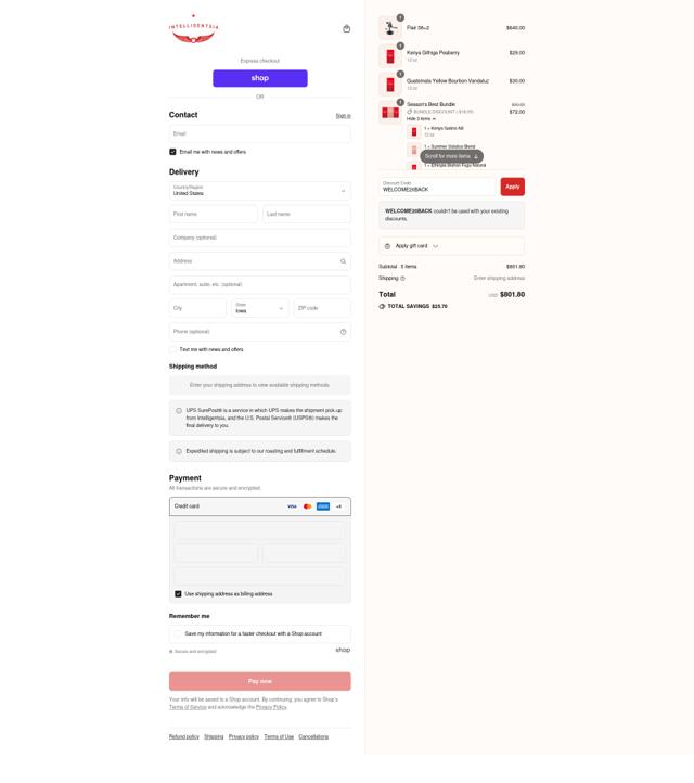 Intelligentsia checkout page showing Intelligentsia coupon code box | Screenshot taken by SimplyCodes community member on Sep 12, 2025
