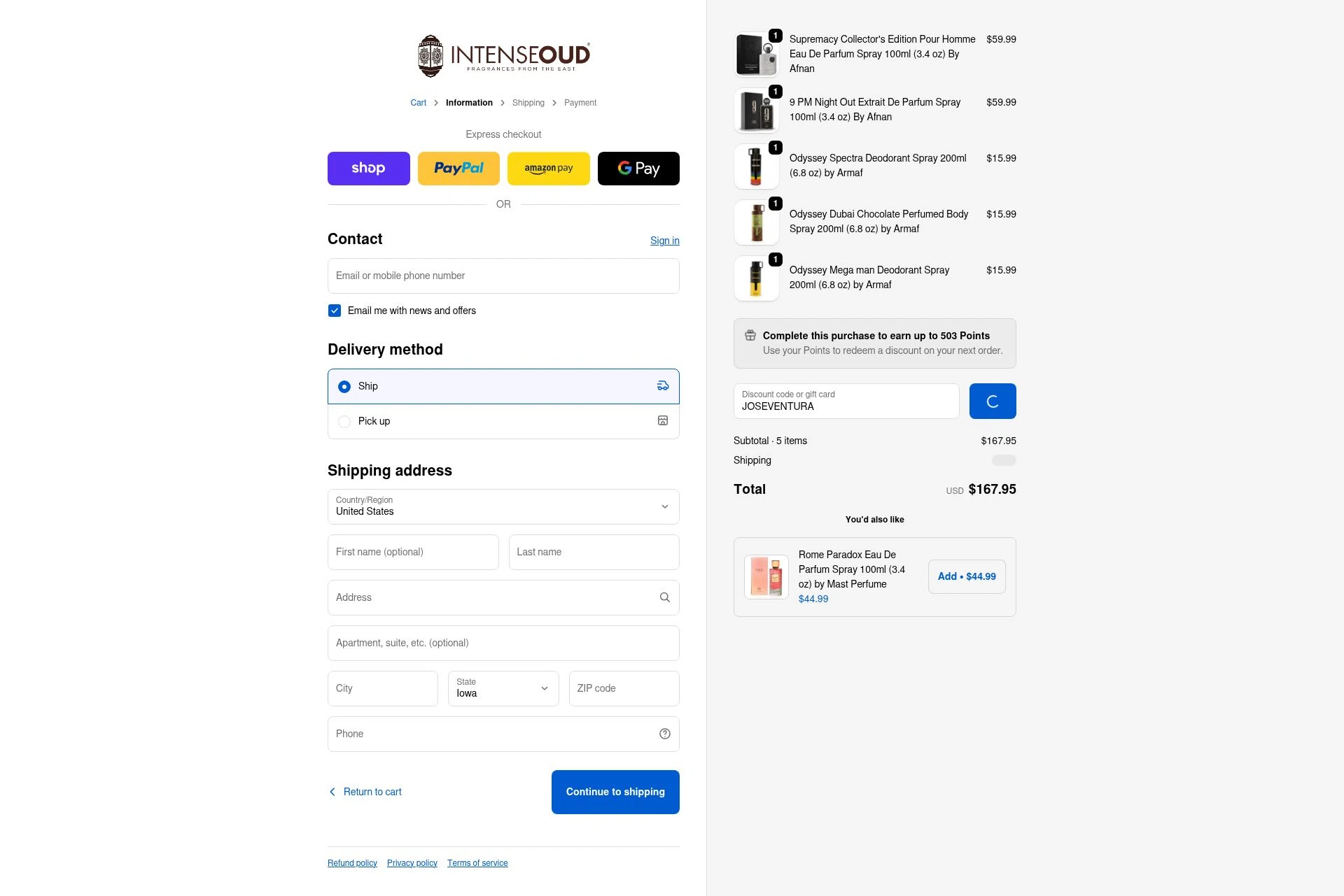 Intense Oud checkout page showing Intense Oud coupon code box | Screenshot taken by SimplyCodes community member on Feb 26, 2026