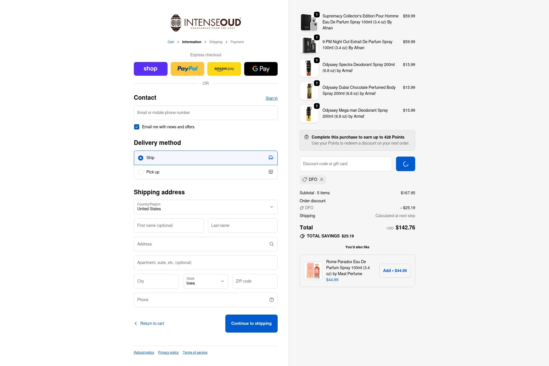 Intense Oud checkout page showing Intense Oud coupon code box | Screenshot taken by SimplyCodes community member on Feb 26, 2026