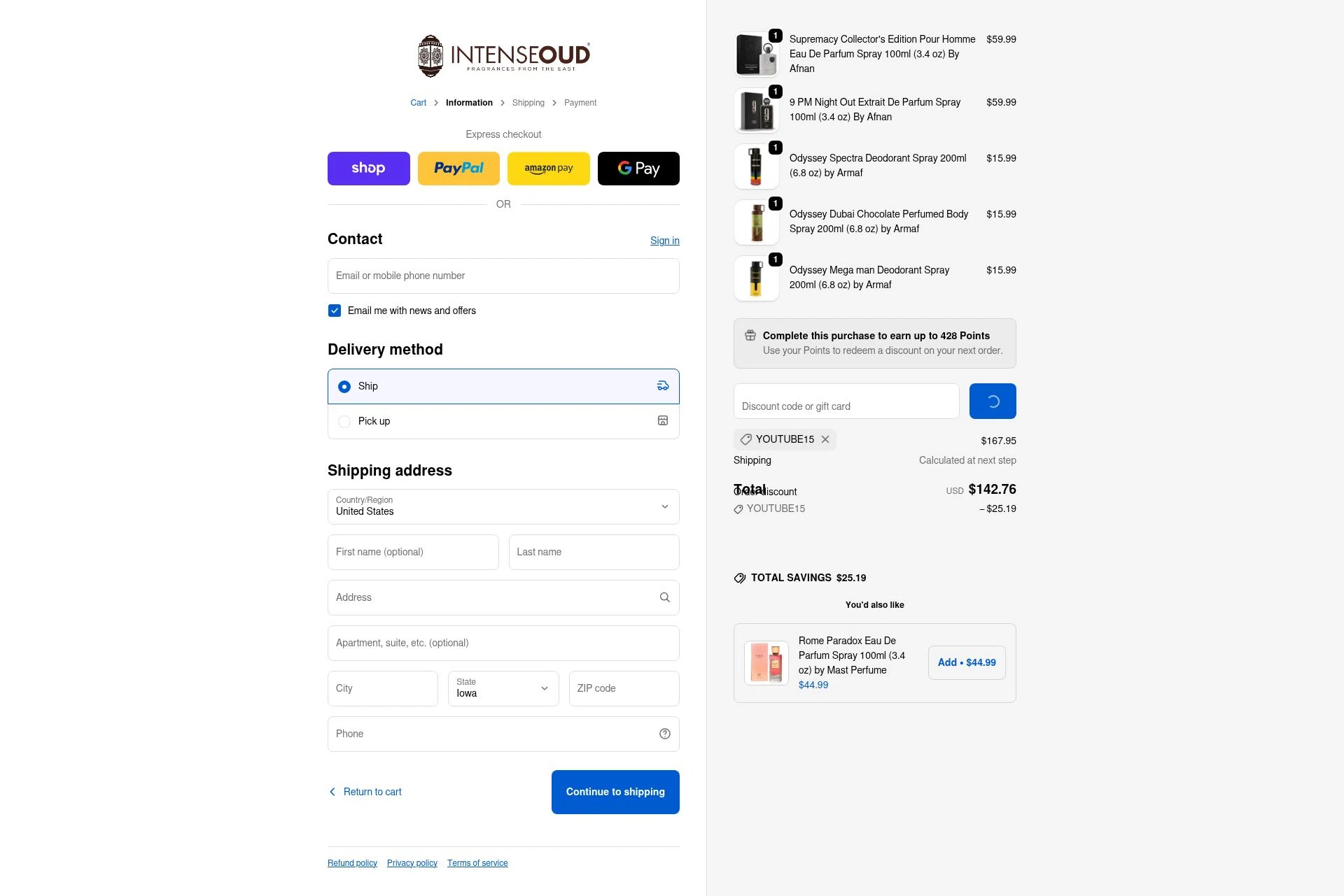 Intense Oud checkout page showing Intense Oud coupon code box | Screenshot taken by SimplyCodes community member on Feb 26, 2026