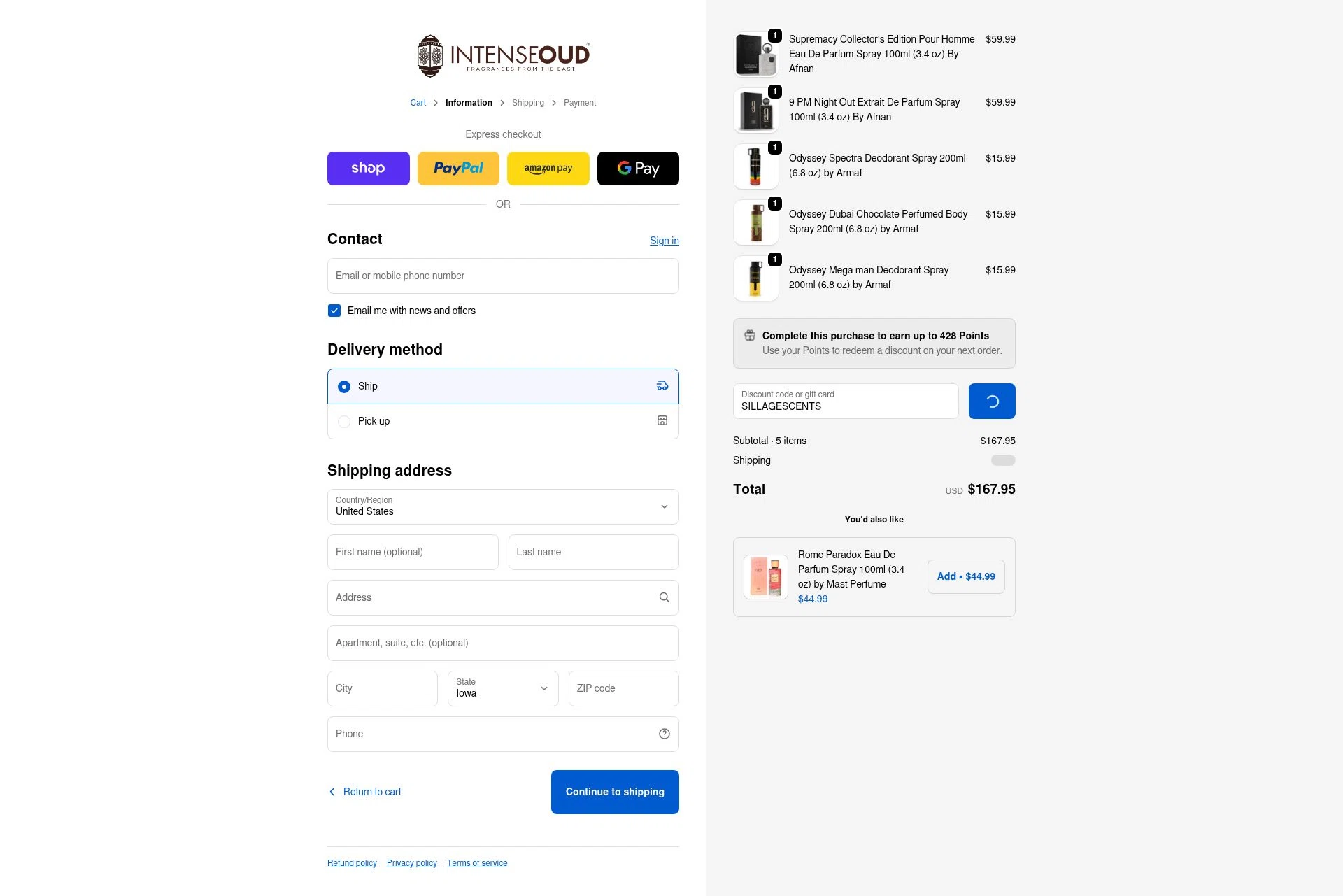 Intense Oud checkout page showing Intense Oud coupon code box | Screenshot taken by SimplyCodes community member on Feb 26, 2026