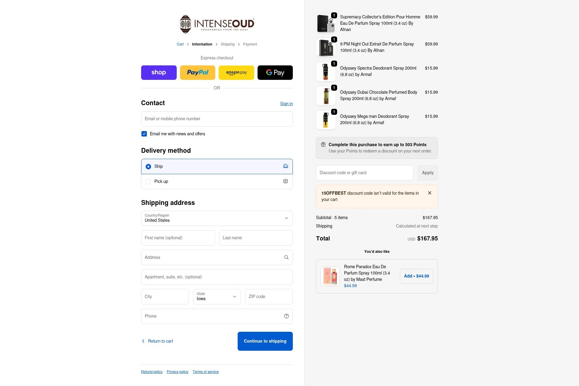Intense Oud checkout page showing Intense Oud coupon code box | Screenshot taken by SimplyCodes community member on Feb 26, 2026