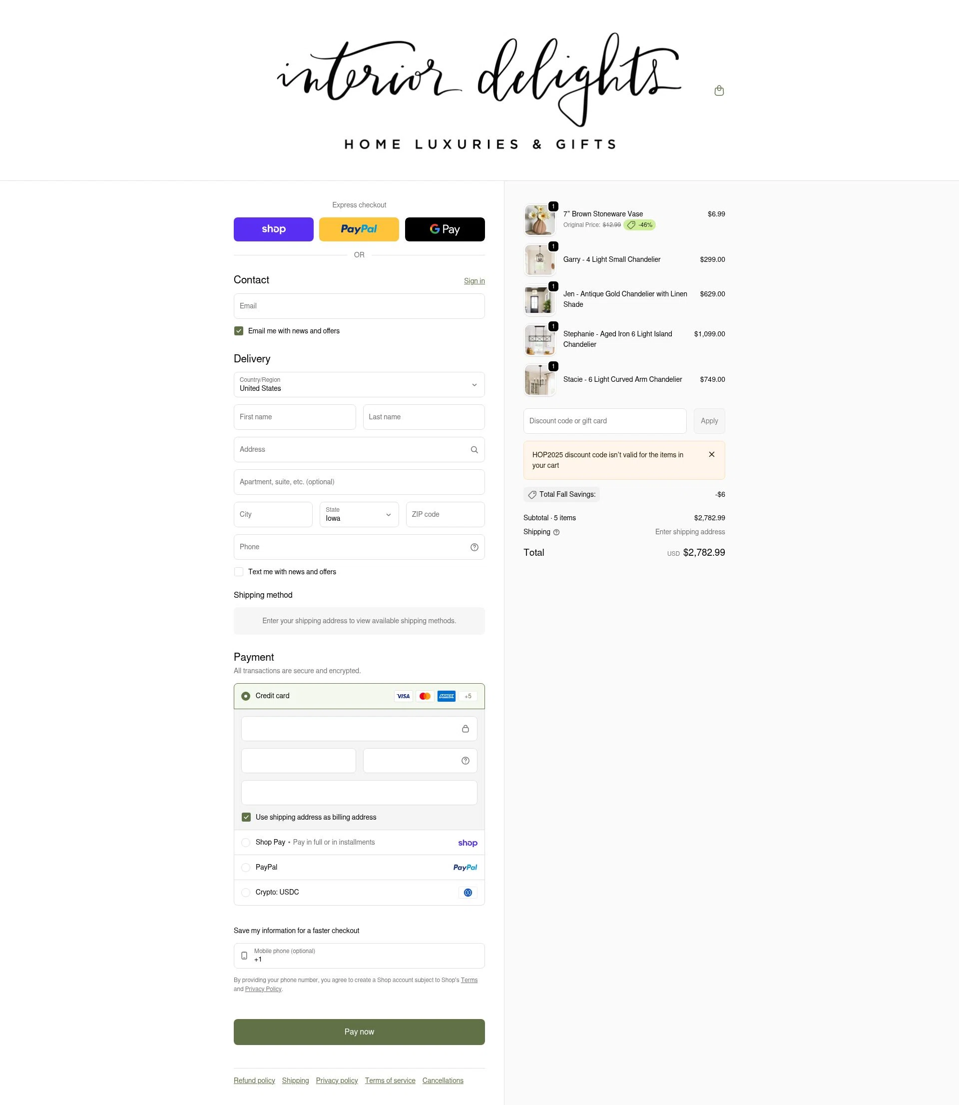 Interior Delights checkout page showing Interior Delights coupon code box | Screenshot taken by SimplyCodes community member on Feb 7, 2026