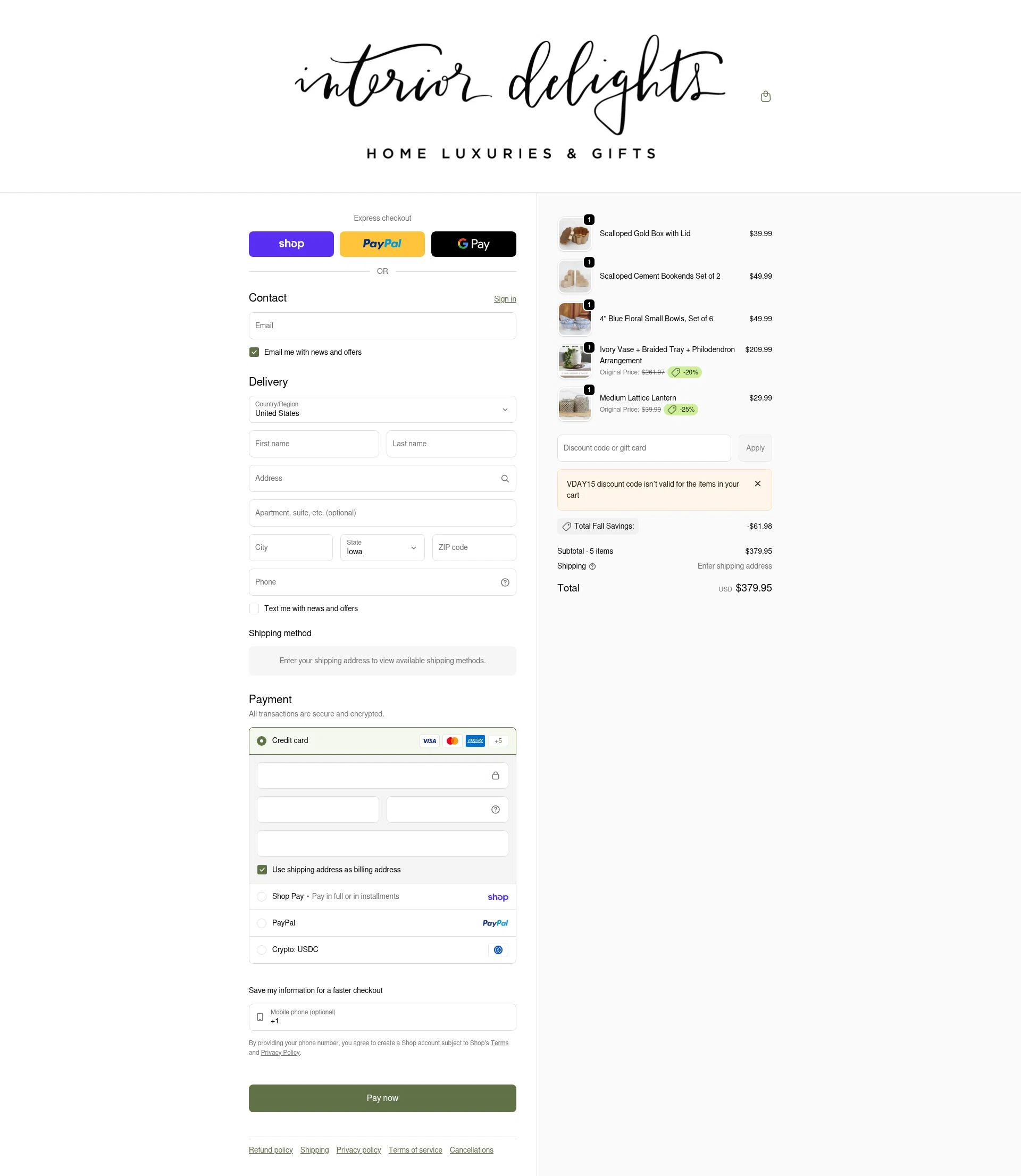 Interior Delights checkout page showing Interior Delights coupon code box | Screenshot taken by SimplyCodes community member on Feb 3, 2026