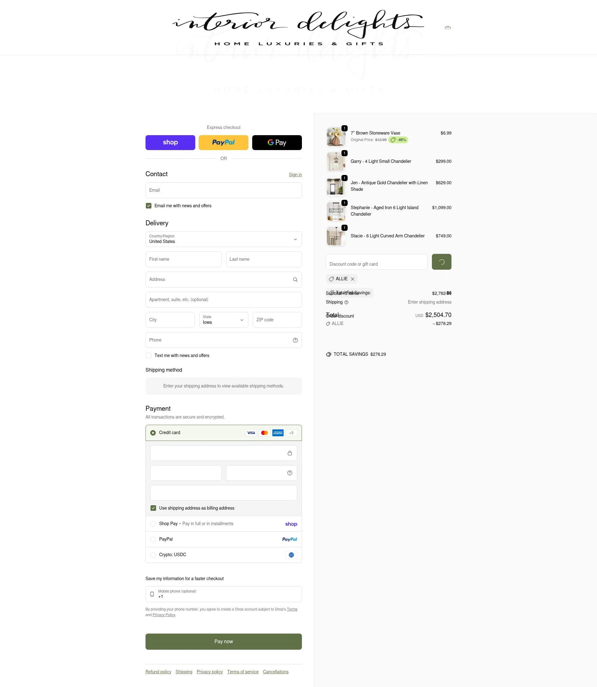 Interior Delights checkout page showing Interior Delights coupon code box | Screenshot taken by SimplyCodes community member on Feb 7, 2026