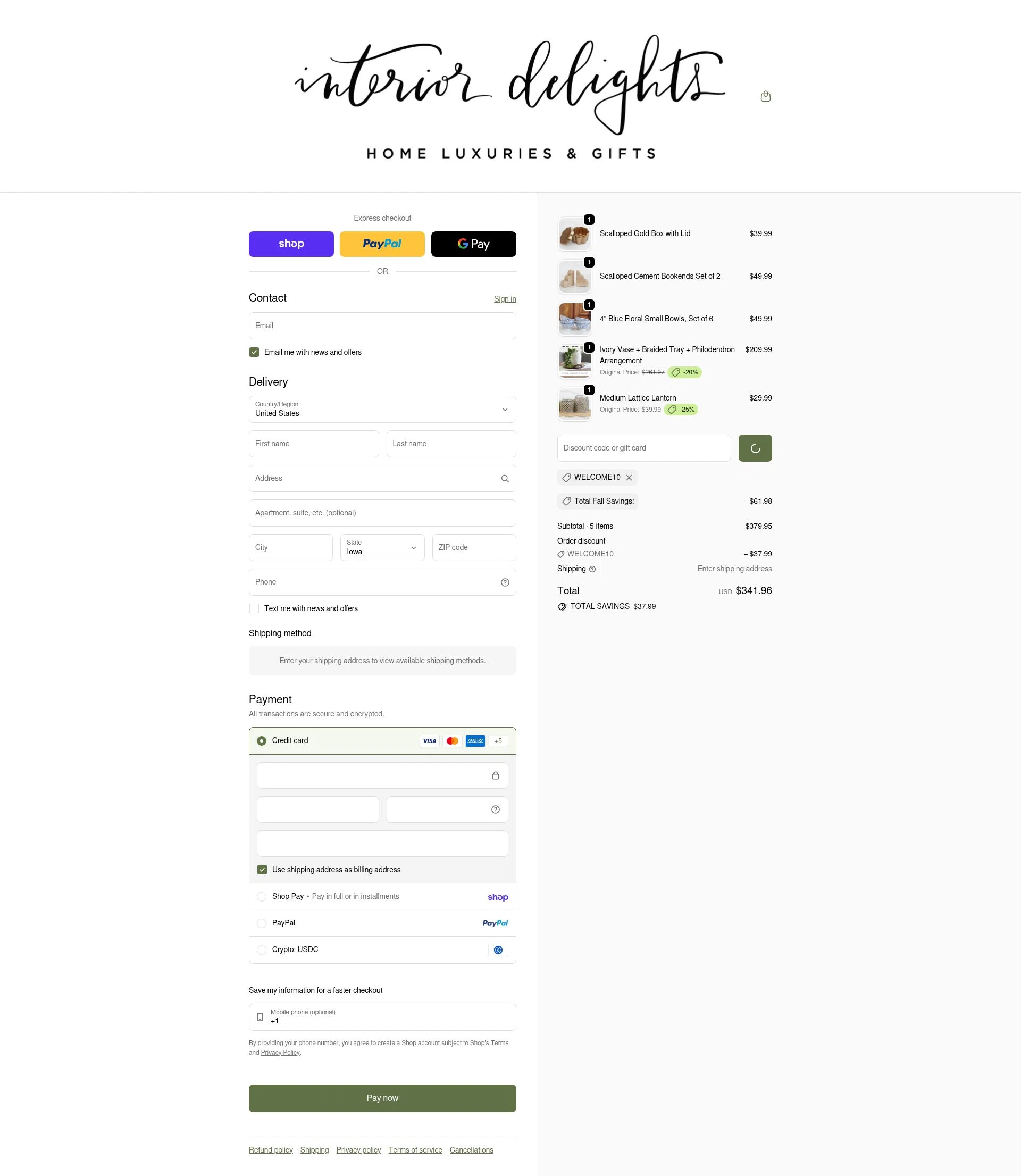 Interior Delights checkout page showing Interior Delights coupon code box | Screenshot taken by SimplyCodes community member on Feb 3, 2026