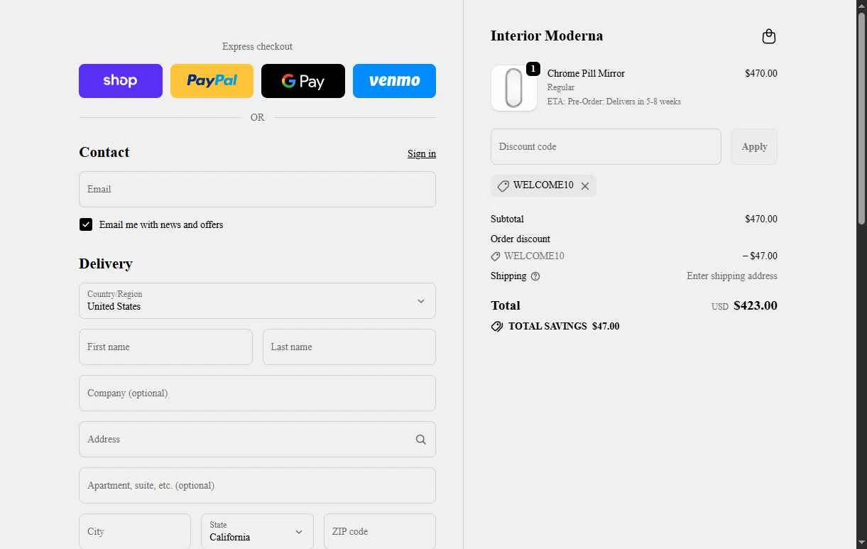 Interior Moderna checkout page showing Interior Moderna promo code box | Screenshot taken by SimplyCodes community member on Jan 10, 2026