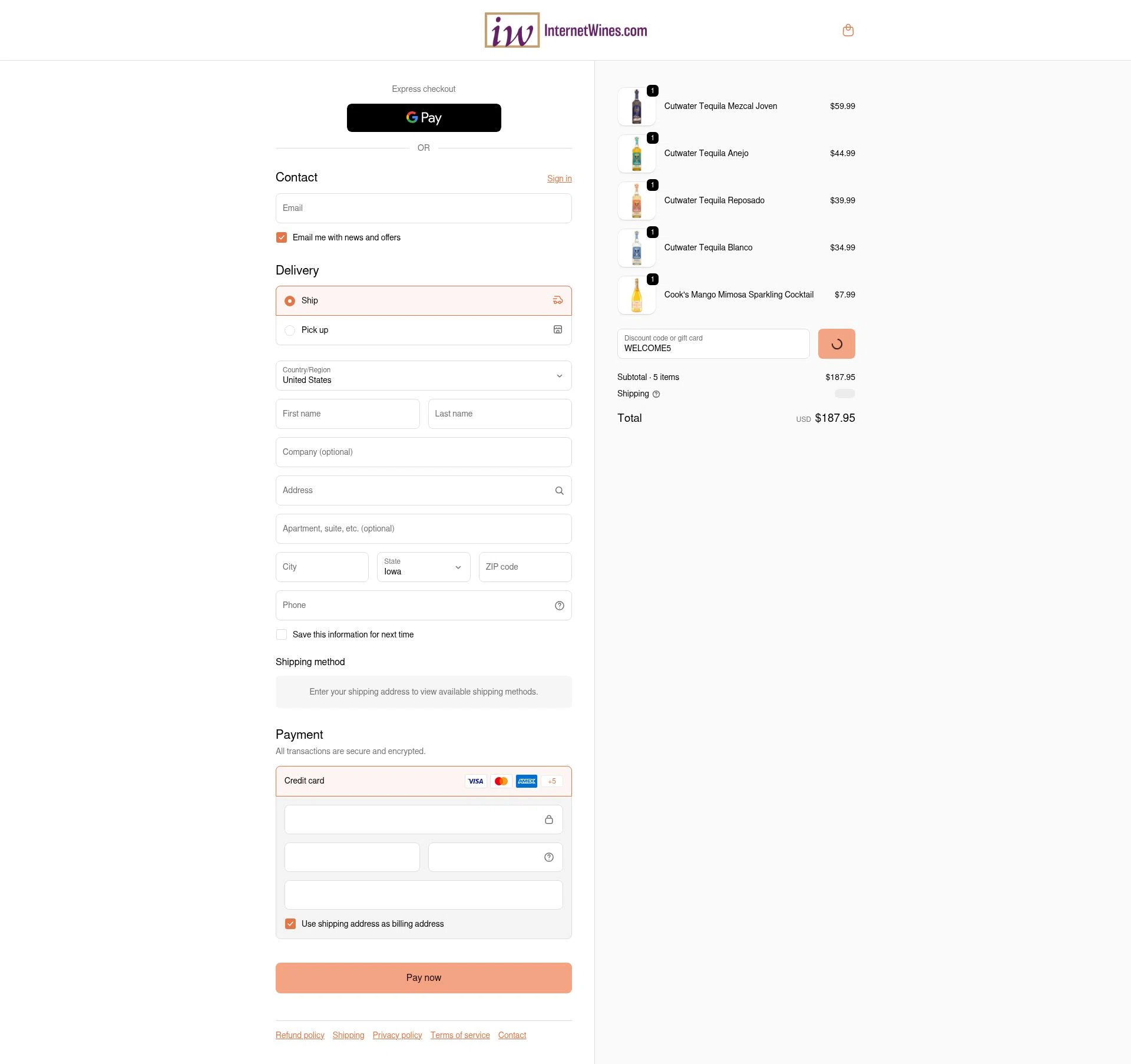 Internet Wines checkout page showing Internet Wines discount code box | Screenshot taken by SimplyCodes community member on Feb 6, 2026