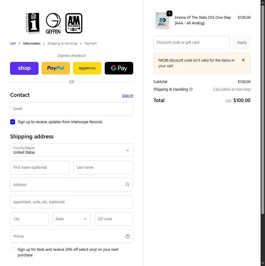 Interscope Records checkout page showing Interscope Records discount code box | Screenshot taken by SimplyCodes community member on Feb 16, 2026