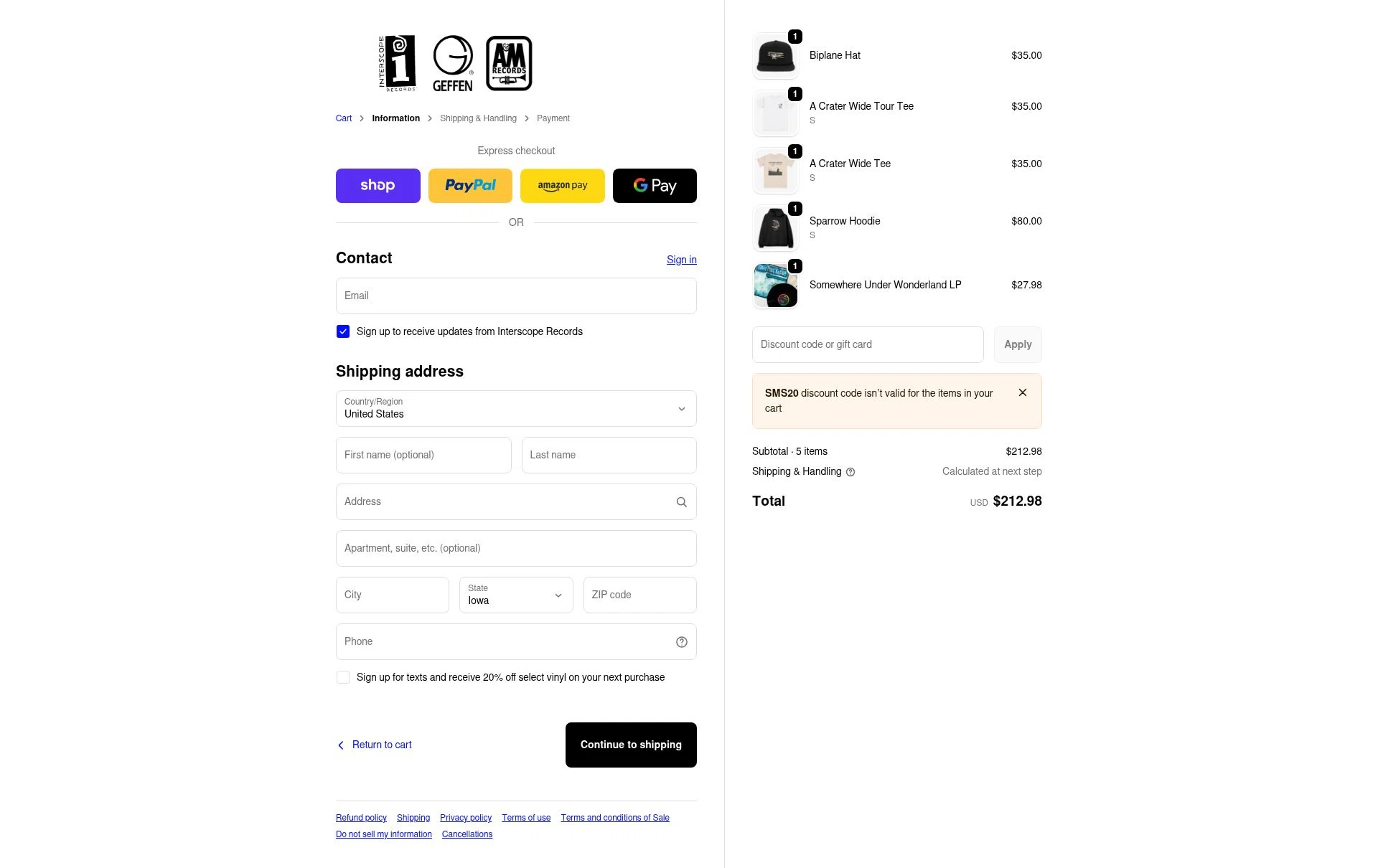 Interscope Records checkout page showing Interscope Records discount code box | Screenshot taken by SimplyCodes community member on Feb 15, 2026