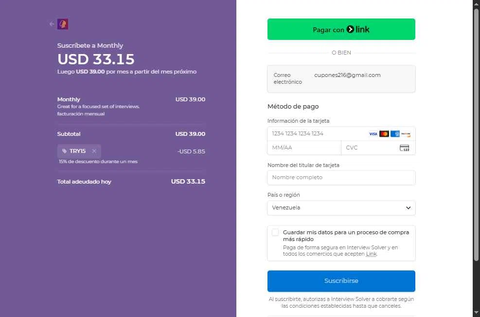 Interview Solver checkout page showing Interview Solver promo code box | Screenshot taken by SimplyCodes community member on Jan 4, 2026