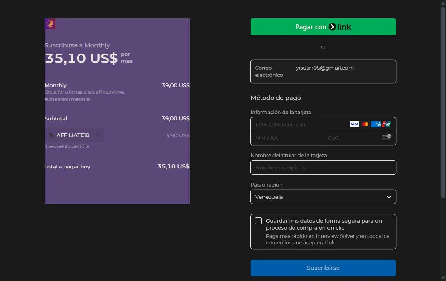 Interview Solver checkout page showing Interview Solver promo code box | Screenshot taken by SimplyCodes community member on Jun 2, 2025