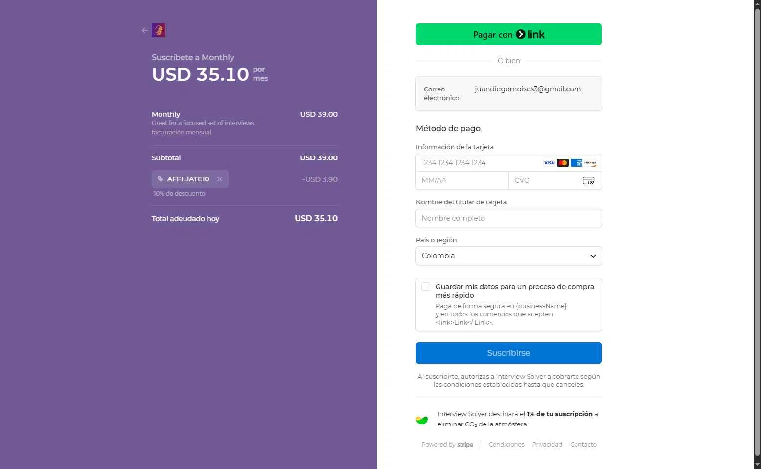 Interview Solver checkout page showing Interview Solver promo code box | Screenshot taken by SimplyCodes community member on Sep 12, 2025