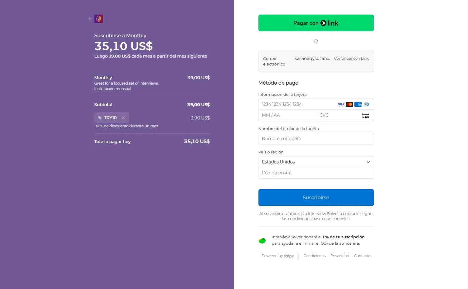 Interview Solver checkout page showing Interview Solver promo code box | Screenshot taken by SimplyCodes community member on Dec 1, 2025