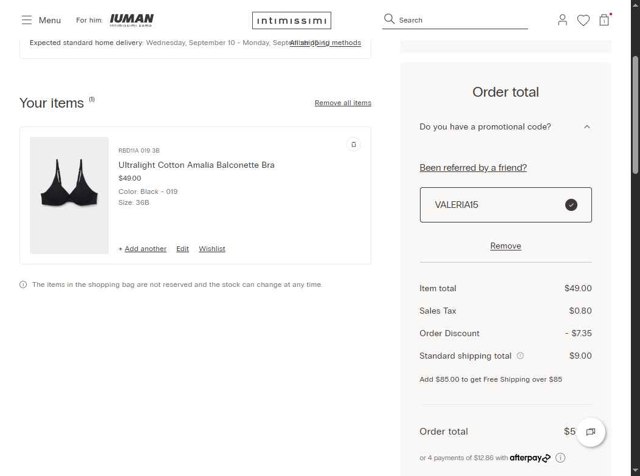 Intimissimi checkout page showing Intimissimi promo code box | Screenshot taken by SimplyCodes community member on Sep 5, 2025