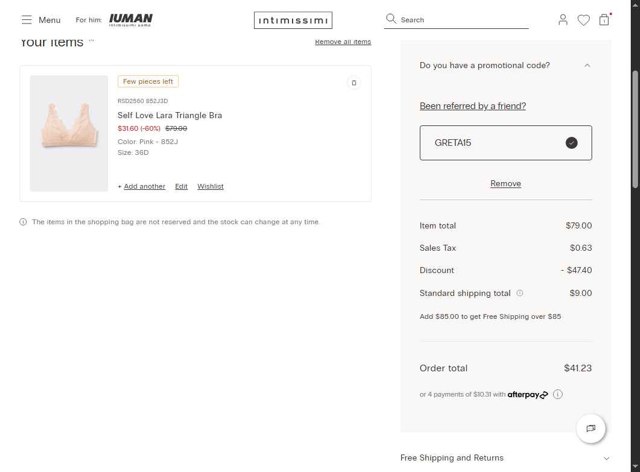 Intimissimi checkout page showing Intimissimi promo code box | Screenshot taken by SimplyCodes community member on Aug 30, 2025