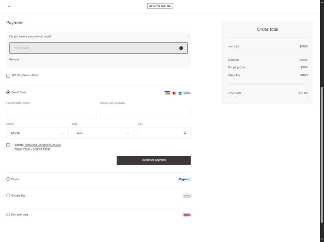 Intimissimi checkout page showing Intimissimi promo code box | Screenshot taken by SimplyCodes community member on Aug 27, 2025