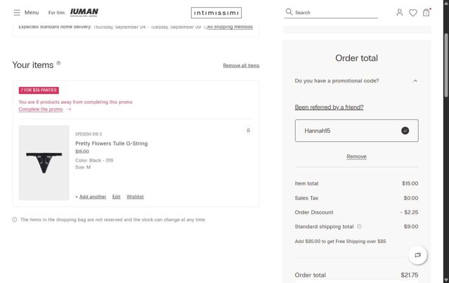 Intimissimi checkout page showing Intimissimi promo code box | Screenshot taken by SimplyCodes community member on Aug 30, 2025
