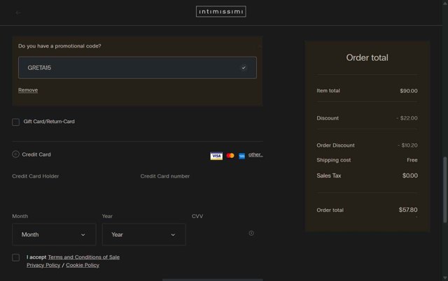 Intimissimi checkout page showing Intimissimi promo code box | Screenshot taken by SimplyCodes community member on Aug 30, 2025