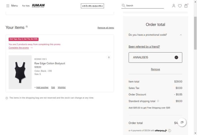 Intimissimi checkout page showing Intimissimi promo code box | Screenshot taken by SimplyCodes community member on Aug 26, 2025