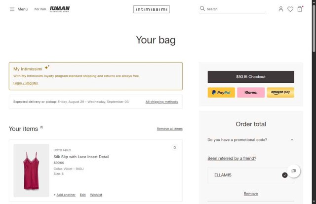 Intimissimi checkout page showing Intimissimi promo code box | Screenshot taken by SimplyCodes community member on Aug 26, 2025