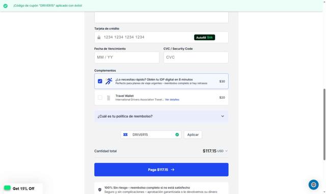International Drivers Association checkout page showing International Drivers Association coupon code box | Screenshot taken by SimplyCodes community member on Aug 20, 2025