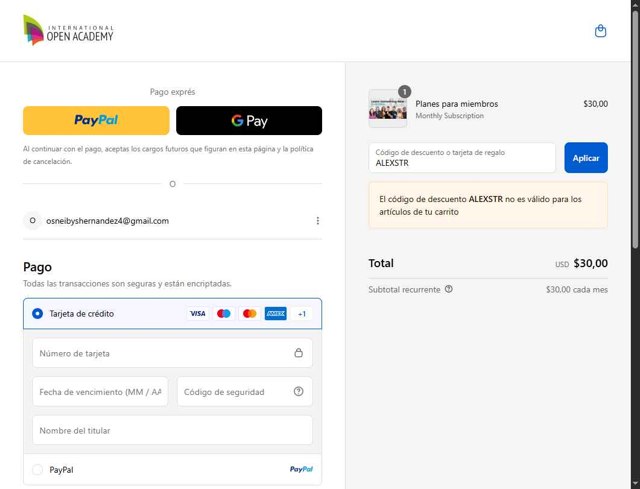 International Open Academy checkout page showing International Open Academy promo code box | Screenshot taken by SimplyCodes community member on Sep 5, 2025