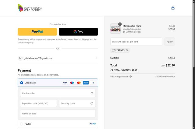 International Open Academy checkout page showing International Open Academy promo code box | Screenshot taken by SimplyCodes community member on Sep 3, 2025