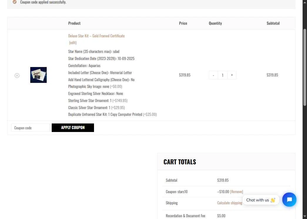 International Star Registry checkout page showing International Star Registry promo code box | Screenshot taken by SimplyCodes community member on Oct 24, 2025