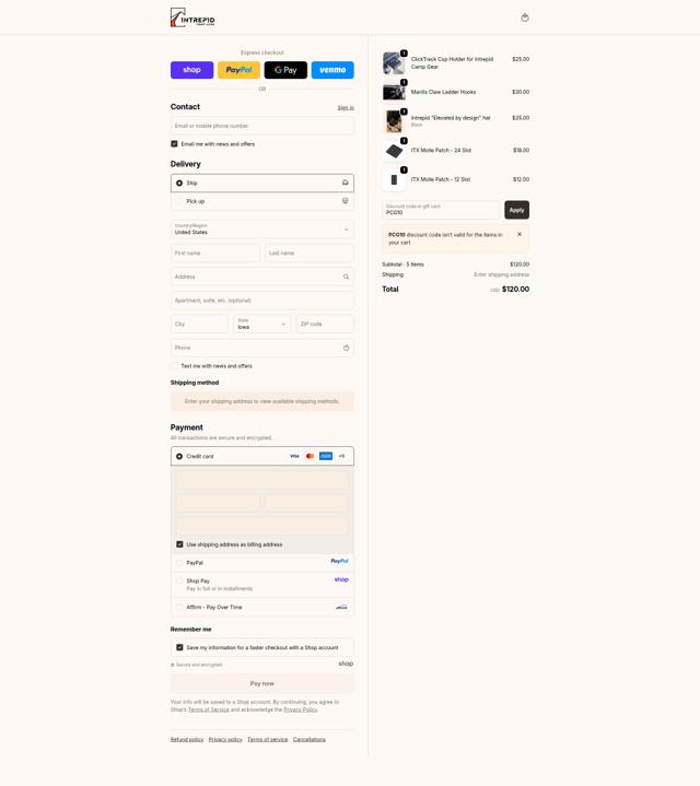 Intrepid Camp Gear checkout page showing Intrepid Camp Gear promo code box | Screenshot taken by SimplyCodes community member on Oct 4, 2025
