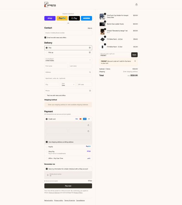 Intrepid Camp Gear checkout page showing Intrepid Camp Gear promo code box | Screenshot taken by SimplyCodes community member on Oct 4, 2025